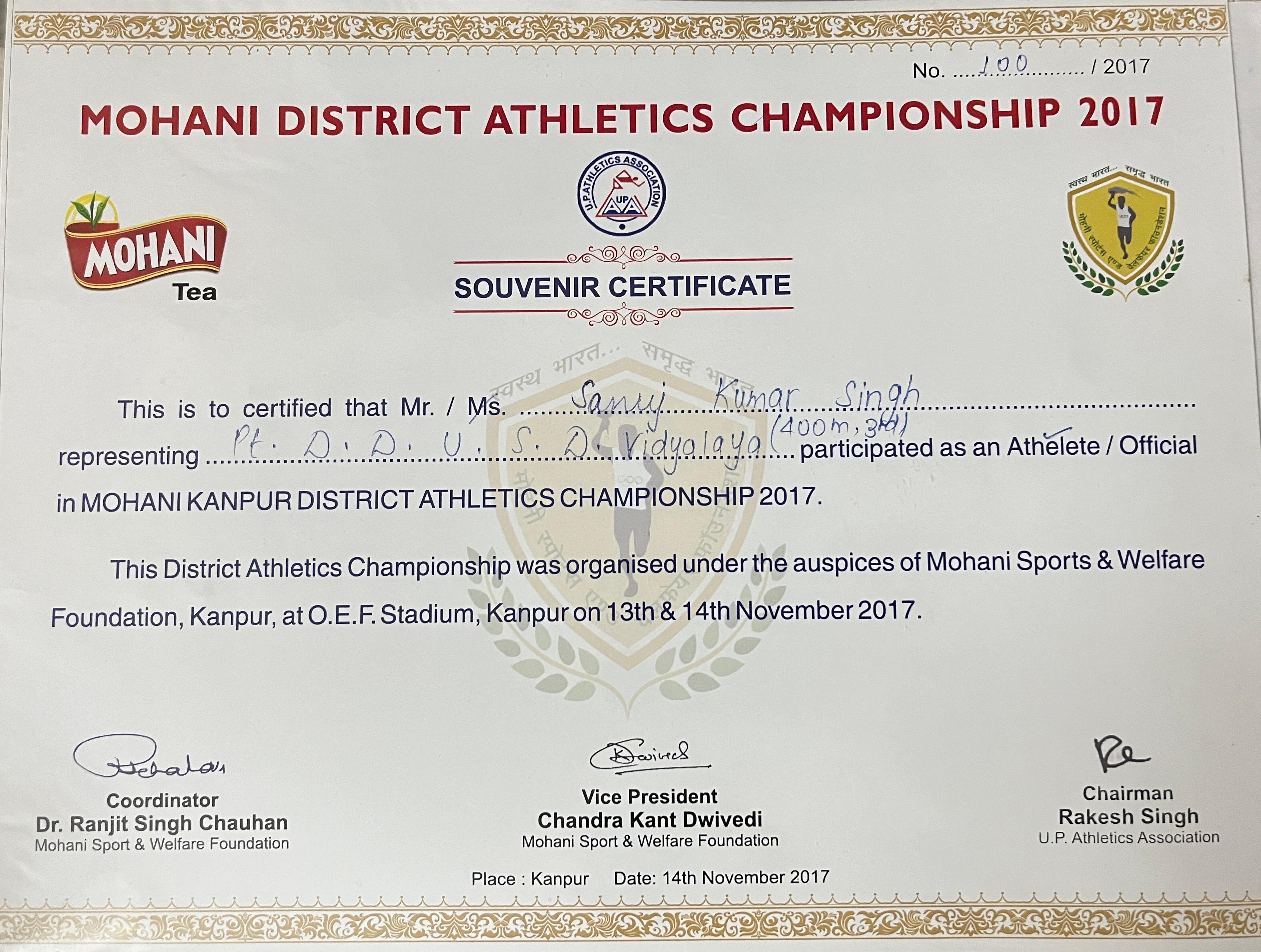 Open Athletic District Championship 400m Race 3rd Place Certificate