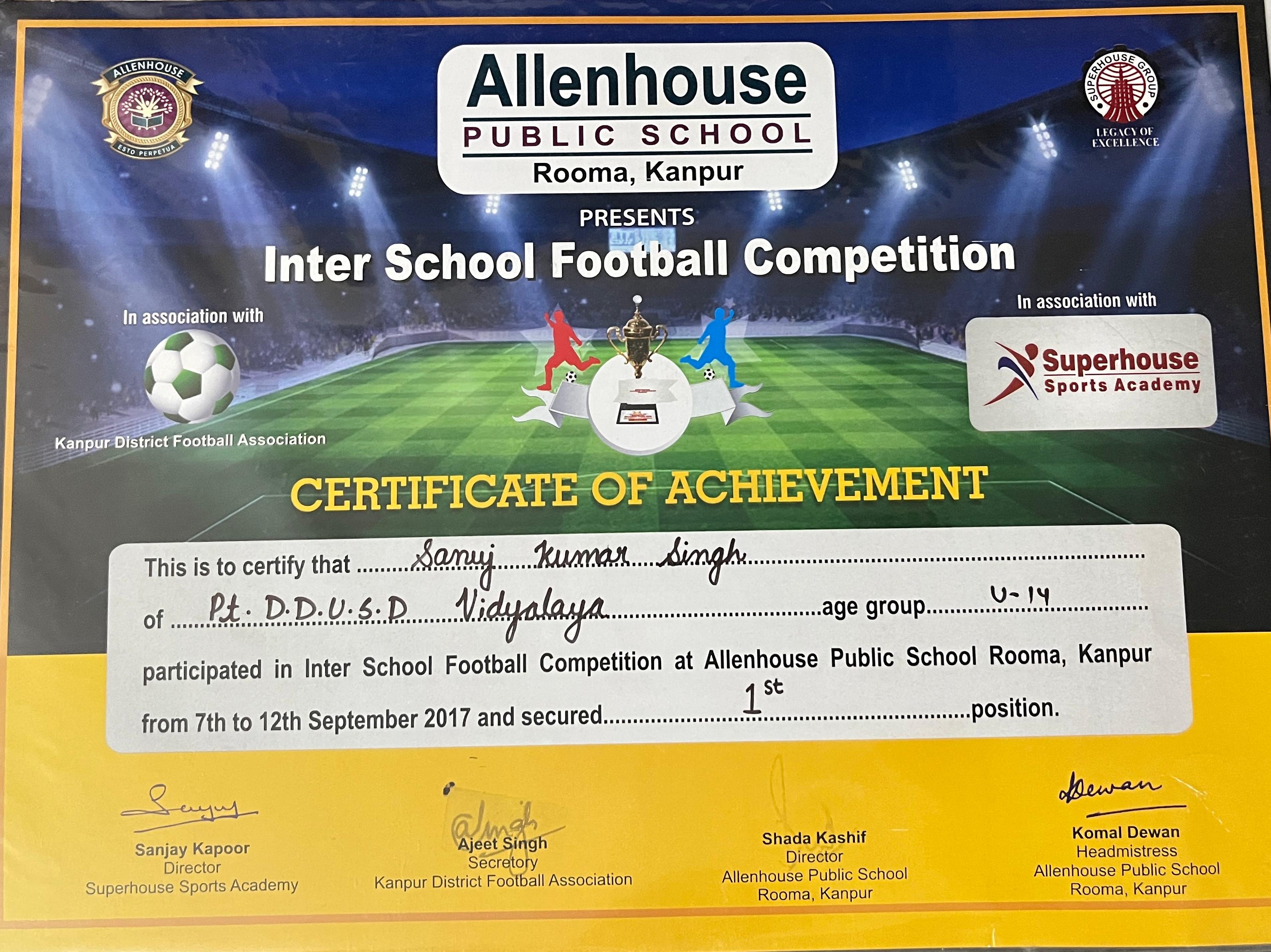 Cluster IV Football Tournament 1st Position Certificate