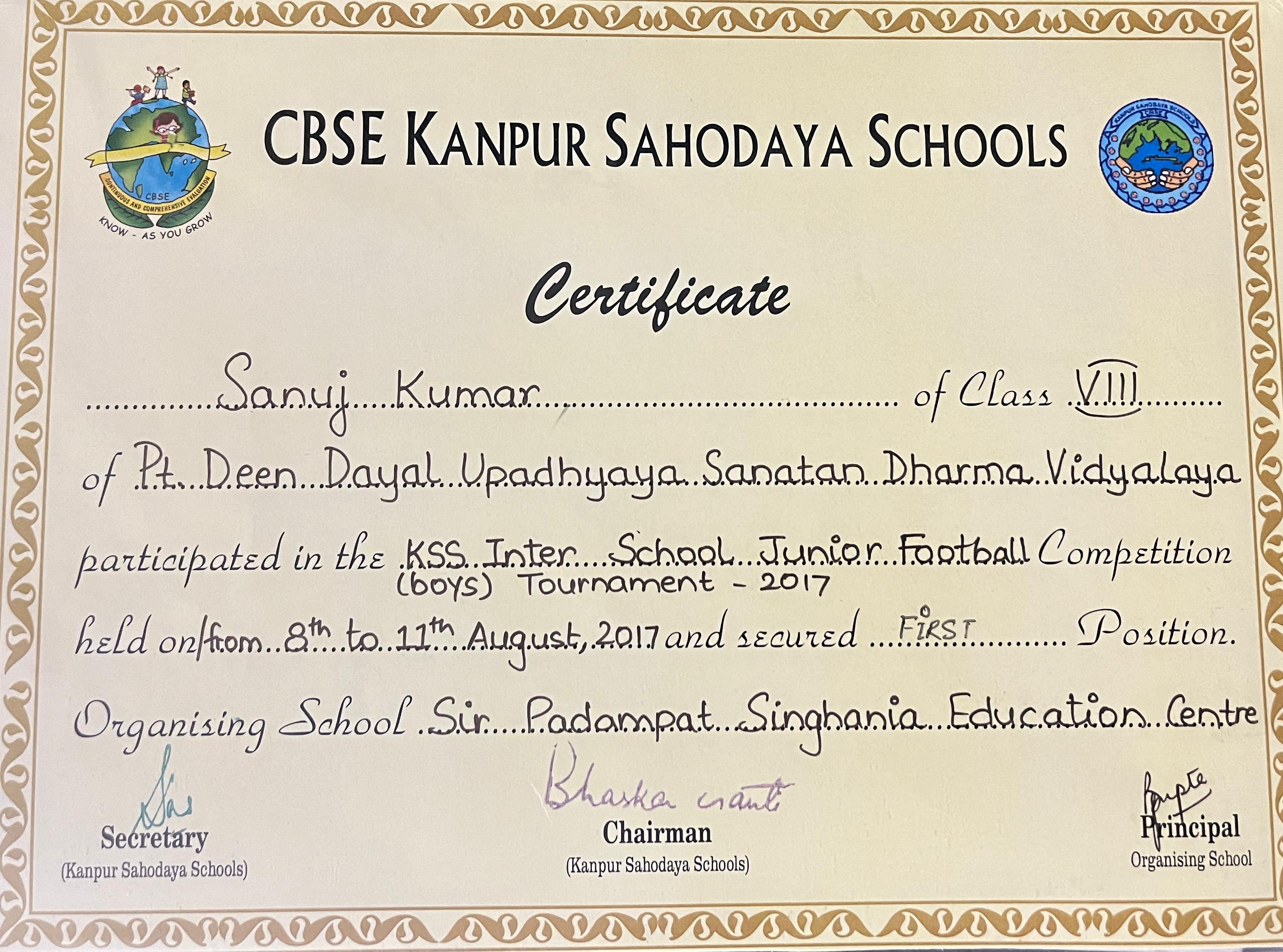 Cluster IV Football Tournament 1st Position Certificate